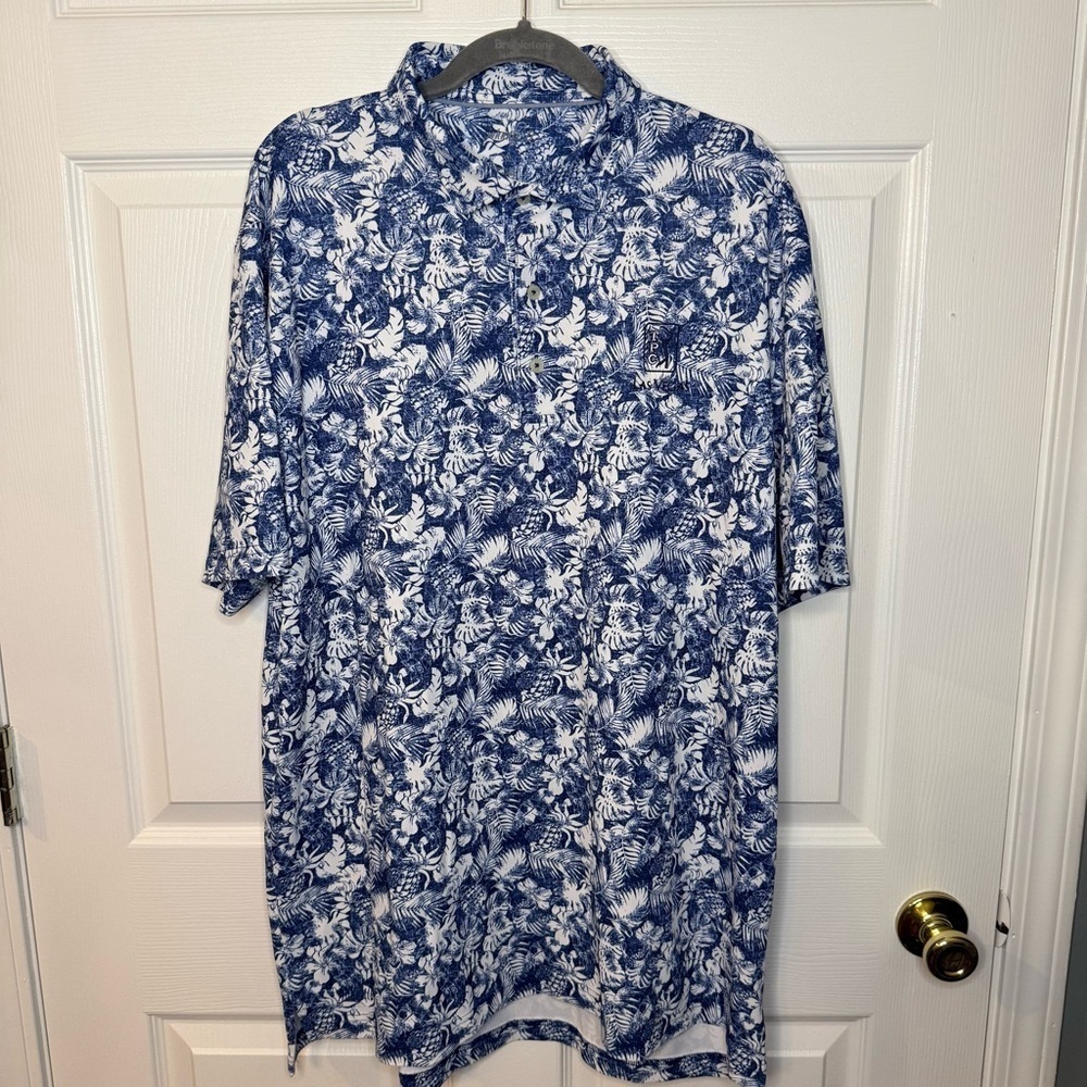 johnnie-O Blue and White Polo Shirt with Tropical Floral Design Size XL EUC